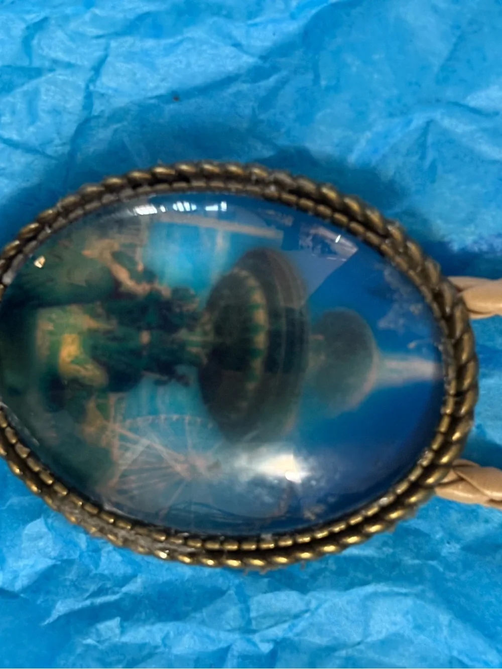 Blue Glass Oval Pendant Necklace with Antique Brass Frame